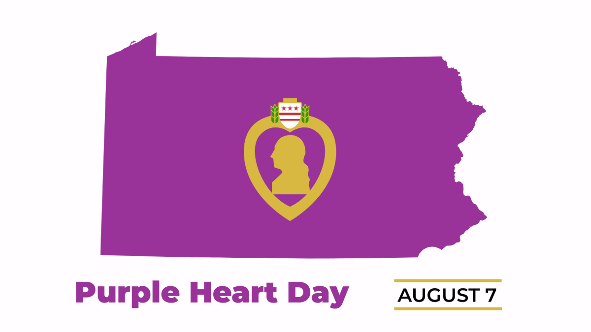 Purple Heart Day. August 7. Shape of Pennsylvania in purple.