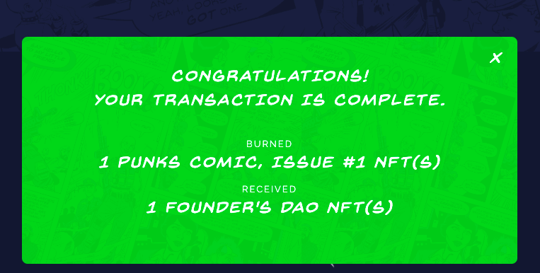0x11pine's tweet photo. PunkscomicをBurnしてDAO tokenをGet。Mintpassももちろん即mint https://t.co/ekdRHUs0wP