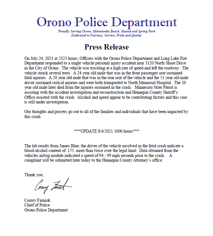 Our latest press release regarding fatal crash on 07-24-2021.