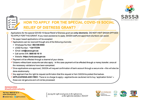 SASSA Special COVID-19 Social Relief of Distress Grant

All the information you need is indicated on attached picture. 

Please check out the link for more information. 

Link:
sassa.gov.za/Pages/COVID-19…

#vacancieswithcollen