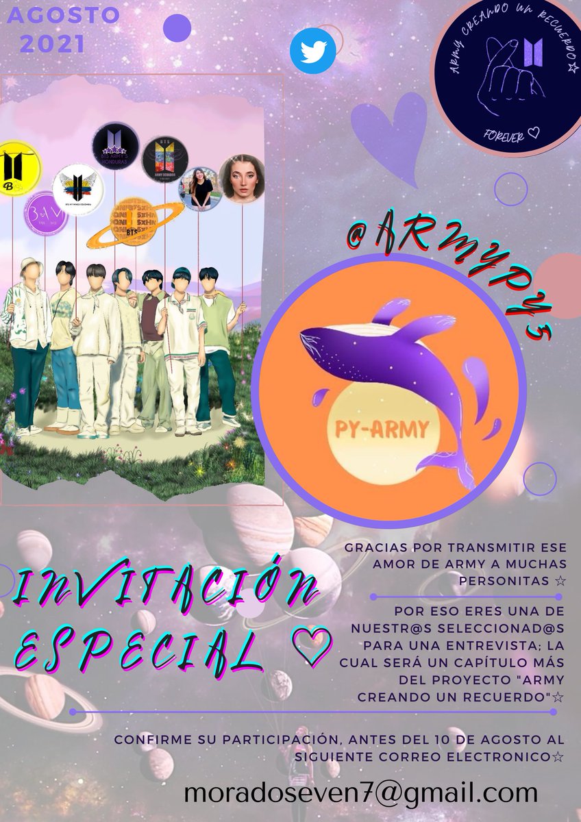 Esperamos que nos puedas acompañar y compartir un poco tus conocimientos y experiencia como army 💜
Seria un placer que nos acompañara en la cámara de "Army creando un recuerdo" 
te esperamos💜
<a href="/ArmyPy5/">Army Py</a> 🇵🇾
*Recuerda confirmar  al correo moradoseven7@gmail.com*