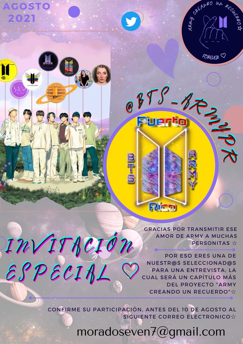 Esperamos que nos puedas acompañar y compartir un poco tus conocimientos y experiencia como army 💜
Seria un placer que nos acompañara en la cámara de "Army creando un recuerdo" 
te esperamos💜
<a href="/BTS_ARMYPR/">🤍🇵🇷Official BTS & ARMY Puerto Rico🇵🇷🤍</a> 🇵🇷
*Recuerda confirmar  al correo moradoseven7@gmail.com*
