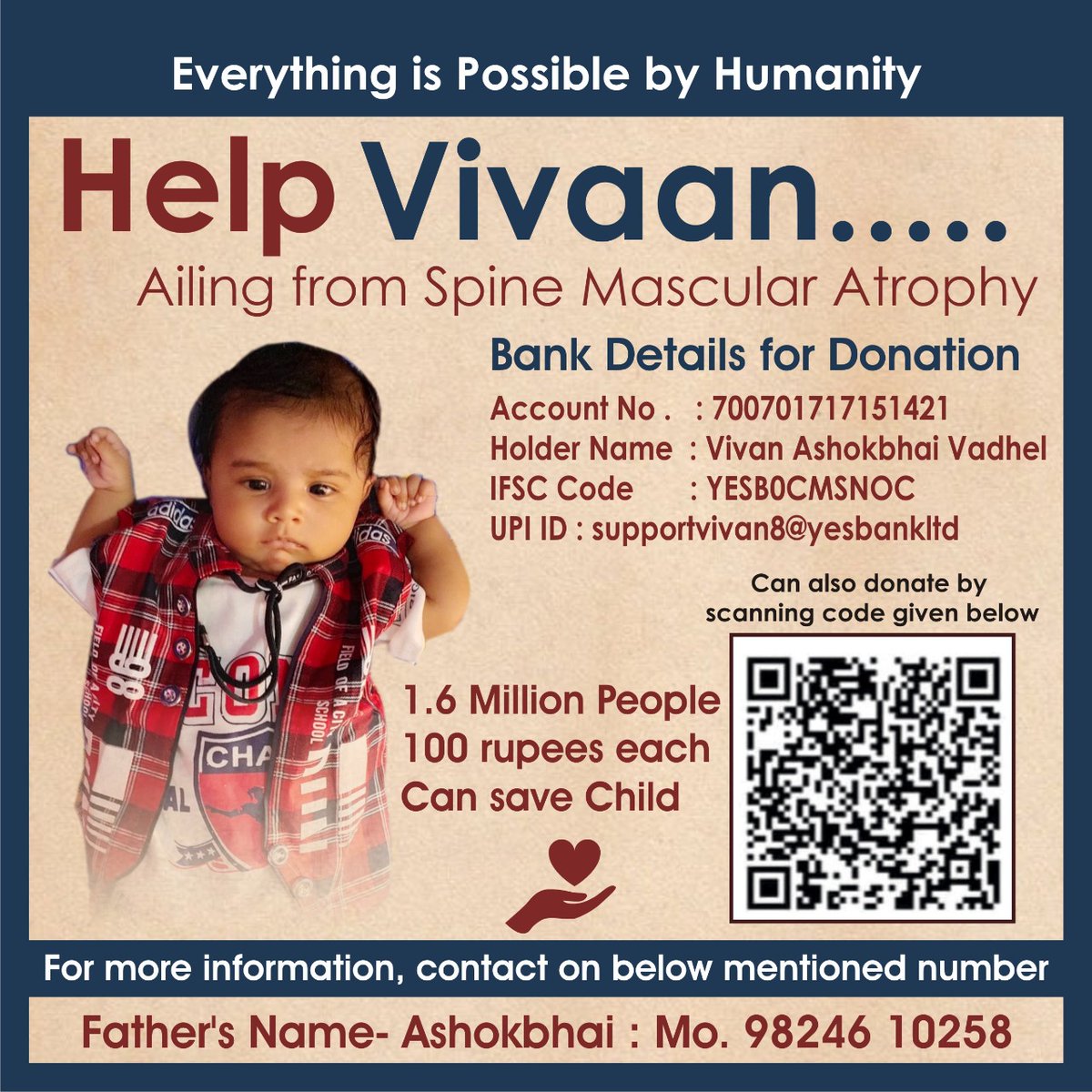 nareshsinh_007's tweet photo. मासुम विवान को आप की मदद की है जरुरत
SMA -1 बीमारी से पीड़ित है विवान
16 करोड़ का इंजेक्शन विवान को बचा सकता है
गुजरात का विवान ममद की लगा रहा है गुहार
#Helpforvivan #help #gujarat https://t.co/b3SFAZjBI8