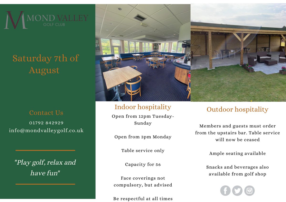 mondvalleygolf's tweet photo. 🏴 Following the Welsh Government announcement yesterday, please see our club protocols below.
⛳️ Whilst we open up, we are mindful of staff, members and guests welfare.
🙌🏼 Our main focus is to ensure everyone remains safe and has an enjoyable experience at the club.
#MVGC https://t.co/j6cMoS8mZa