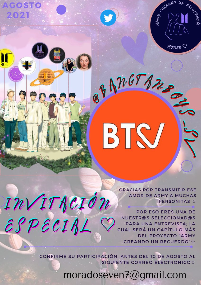 Esperamos que nos puedas acompañar y compartir un poco tus conocimientos y experiencia como army 💜
Seria un placer que nos acompañara en la cámara de "Army creando un recuerdo" 
te esperamos💜
<a href="/bangtanboys_sv/">Bangtan Boys SV⁷ VERÁN A BTS 🇸🇻 El Salvador</a> 🇸🇻
*Recuerda confirmar  al correo moradoseven7@gmail.com*