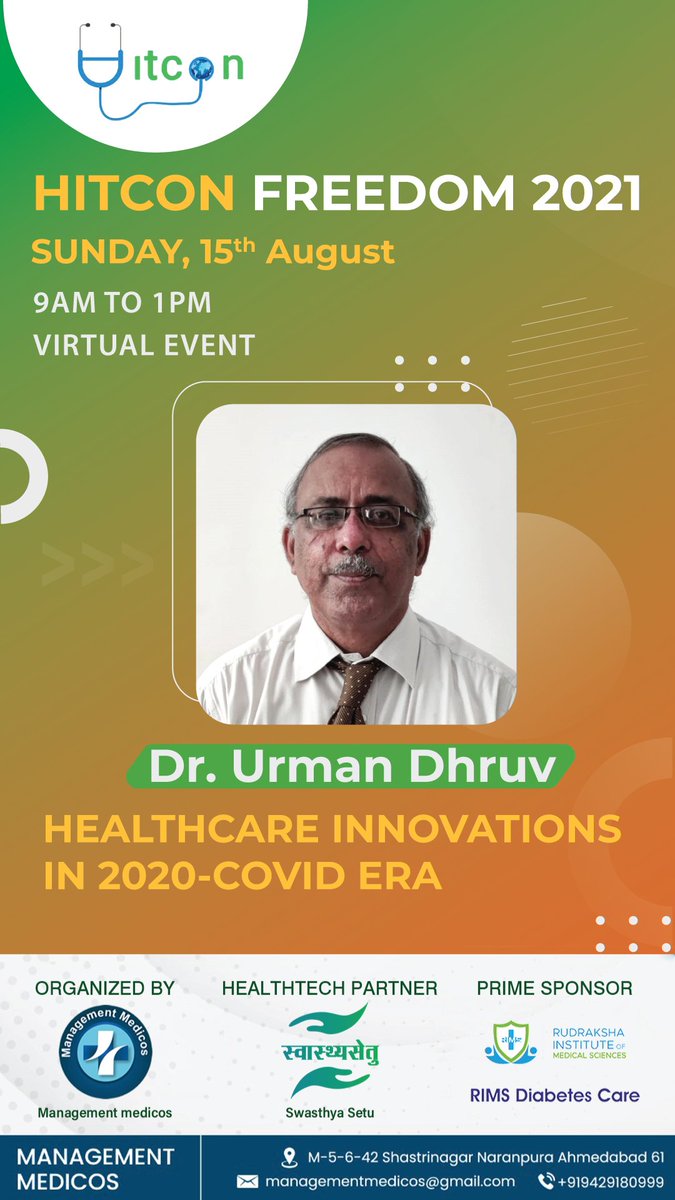 MMedicos's tweet photo. Eminent speaker @drurmandhruv at  HITCON FREEDOM 2021
*Block your dates*.
*15th August, Sunday*.
Virtual event.

@drpragneshmv https://t.co/rCAd9G09IL