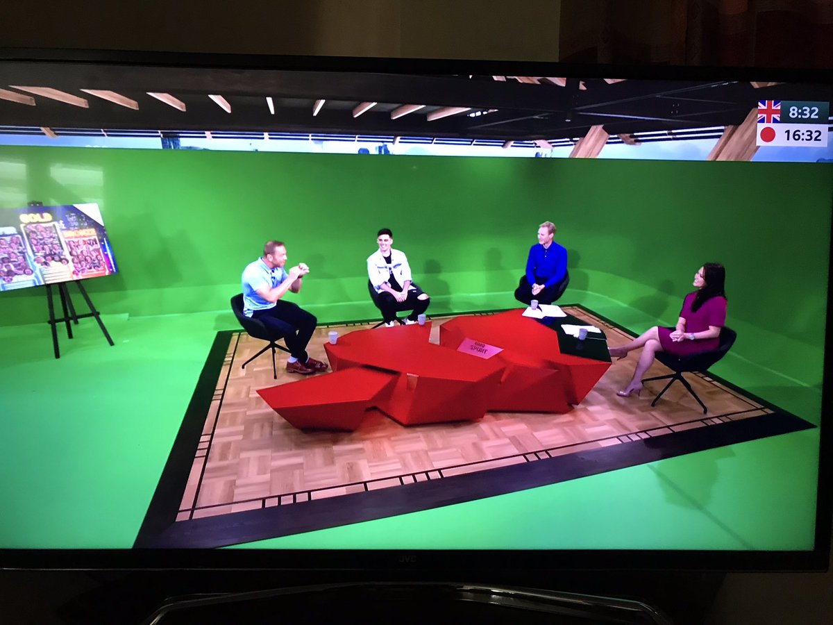Momentary tech glitch at around 8:30 this morning showed extent of green screen on BBC Olympic set. Thank goodness that Office World sticker board is genuine.