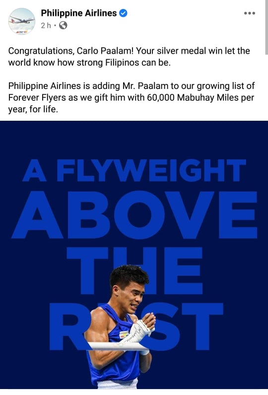 onenewsph's tweet photo. The Philippine Airlines offers boxer Carlo Paalam of #PHI a "60,000 Mabuhay Miles" per year for life after bagging the silver medal in #Tokyo2020. #SeeUsStronger https://t.co/8Lvj8vJHzL