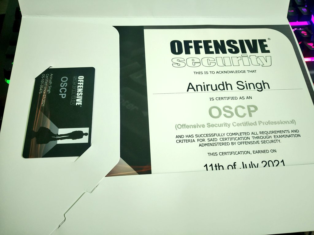 AnyRud3's tweet photo. Just got the hard copy of my #oscp certificate. https://t.co/LuFjT9NSD0