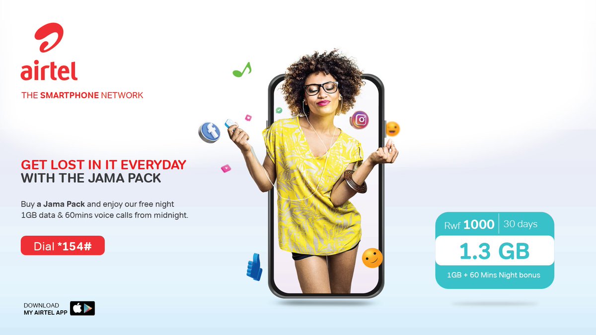airtelrw's tweet photo. Are you bored? Connect with your buddies and stay connected with #JamaPack. Dial *154# and get FREE 1GB + 60minutes valid for 24hours. https://t.co/QOSe4EClbV