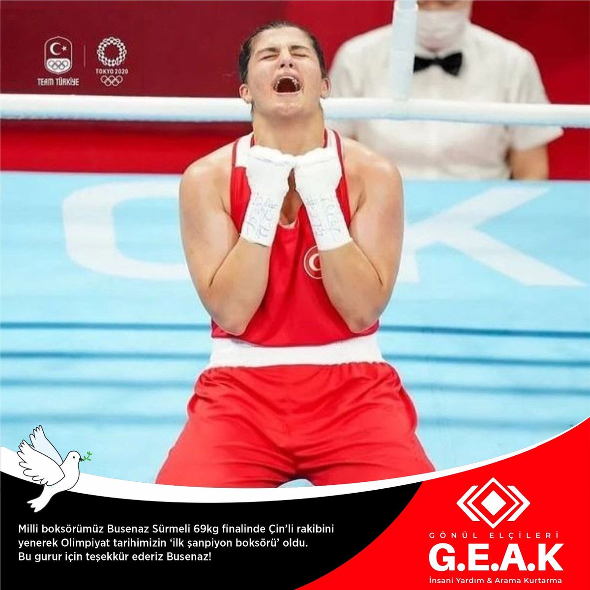 geakturkiye's tweet photo. Millî boksörümüz Busenaz Sürmeneli 69kg finalinde Çin’li rakibini yenerek Olimpiyat tarihimizin ilk şampiyon boksörü oldu. 
Bu gurur için teşekkür ederiz Busenaz! https://t.co/aH0bB6Zjfz