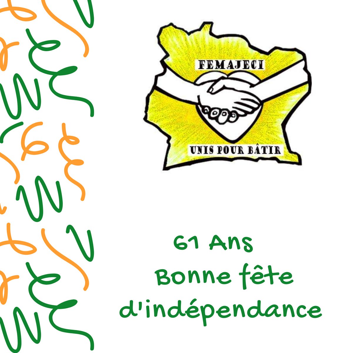 femajeci's tweet photo. A l'occasion de 61 ans de notre pays, la FEMAJECI vous s
ouhaite une excellente fête d'indépendance dans la paix et dans l'innovation.

FEMAJECI, au service de la paix et du développement durable 🇨🇮

@Mtoure_officiel @ACHIPatrick4
@Nasseneba_Toure @cissekhady3

#FEMAJECI21_24 https://t.co/PqevcPilXc