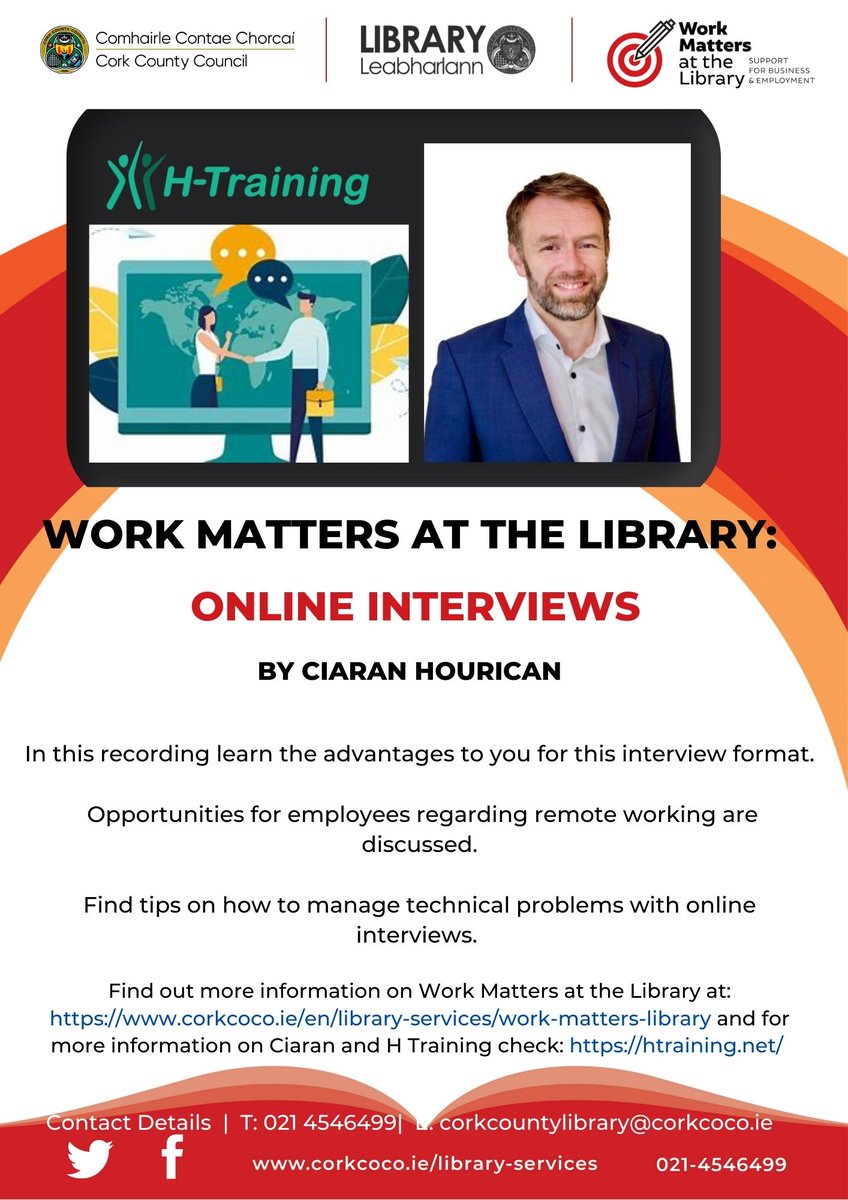 corkcolibrary's tweet image. Do you want to make online interviews work for you? Watch our #WorkMatters video to discover how:
youtu.be/M2MSBS0PM0I
#WorkMattersAtTheLibrary #careers #jobhunting #interviews 
@HTRAININGCORK @SECADCork @BallyhouraDev @AvonBlack @IRDDuhallowFR @UdarasnaG @WestCorkDevPshp