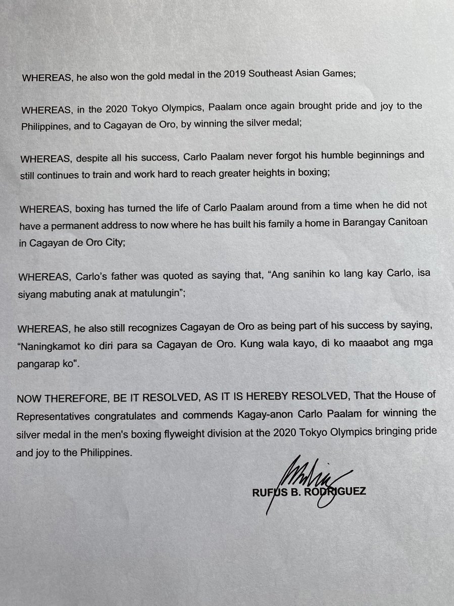 JulieMAurelio's tweet photo. JUST IN: House deputy speaker and Cagayan de Oro City 2nd District Rep. Rufus Rodriguez files a House Resolution to congratulate boxer Carlo Paalam, who won a silver Olympic medal n the men's flyweight division on Saturday. Paalam hails from Cagayan de Oro City. @inquirerdotnet https://t.co/6iVEfHDB8g