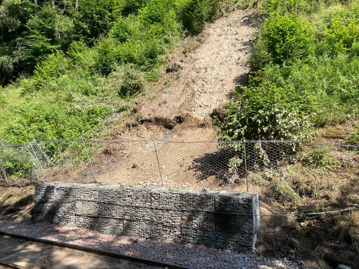 We’ve positioned a new wall of gabion baskets at the bottom of the slope, and installed erosion netting to encourage regrowth, binding the top layers of soil together. Read more from our project manager, Tom, in the news article below. /3