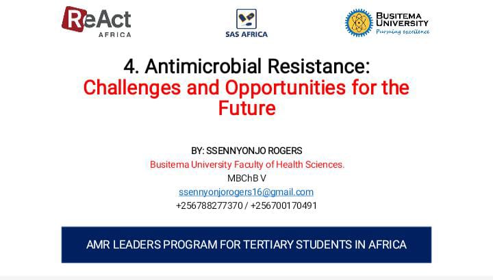 ssennyonjoRoger's tweet photo. I was honored to present today to the Antimicrobial Resistance Leaders program for Tertiary students in Africa, organised by @reactgroup, and @beat_the_bugs
On: AMR-Challenges and opportunities for the future.
Thank you @JulianNyamup and @Danteh95380210 for the opportunity.🙏 https://t.co/bUbn3X8Kyl