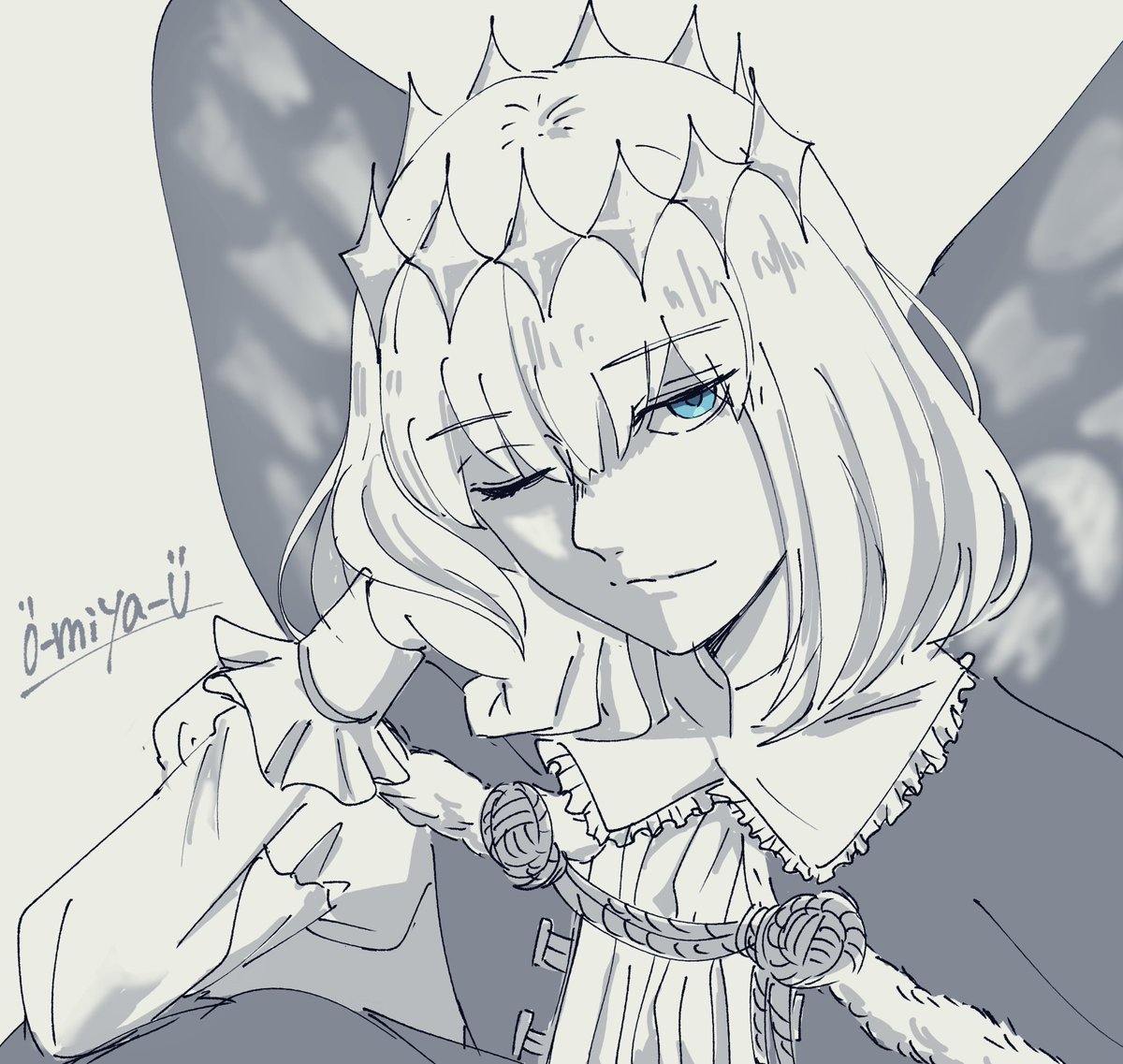 oberon (fate) 1boy male focus one eye closed solo crown blue eyes wings  illustration images