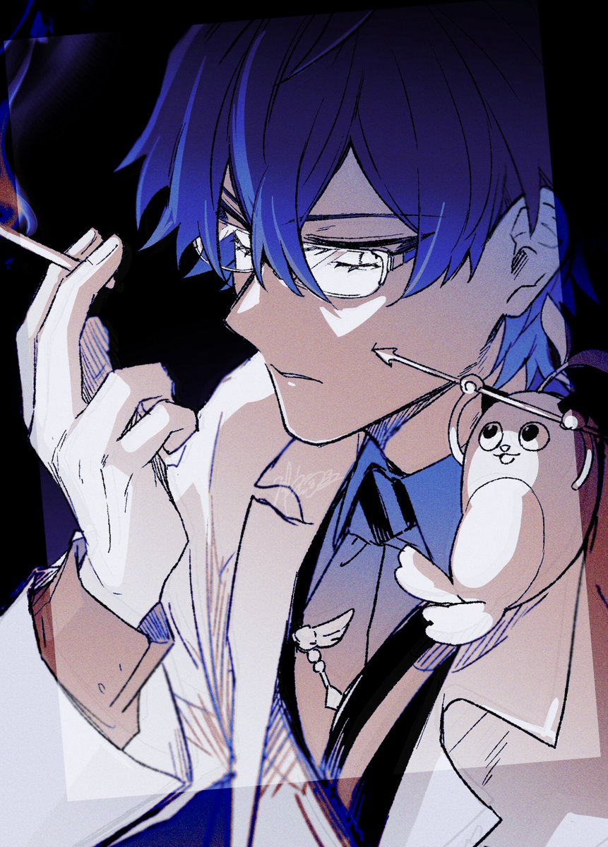 male focus 1boy blue hair holding cigarette smoke shirt  illustration images