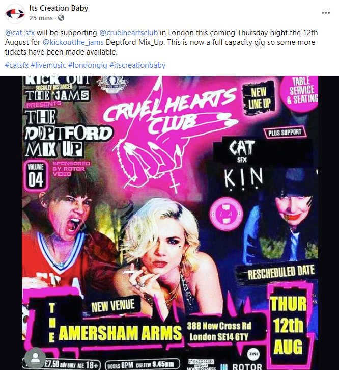 Kick Out The Jams (@kikoutthejams) on Twitter photo Word from McGee - <a href="/itscreationbaby/">@its_Creation_Baby</a> signing <a href="/SfxCat/">Cat SFX</a> supporting <a href="/cruelheartsclub/">CRUEL HEARTS CLUB</a> plus <a href="/KINbandofficial/">KIN</a> <a href="/FRANBLABS/">BLAB (she/her)</a> this Thurs at <a href="/TheAmershamArms/">Amersham Arms</a>. Join the ticket rush at skiddle.com/e/29341697. The girls are taking over so let's rip it Jammers <a href="/RotorVideos/">Rotor Videos by LyricFind</a> <a href="/thezineuk/">TheZineUK</a> Word from McGee - <a href="/itscreationbaby/">@its_Creation_Baby</a> signing <a href="/SfxCat/">Cat SFX</a> supporting <a href="/cruelheartsclub/">CRUEL HEARTS CLUB</a> plus <a href="/KINbandofficial/">KIN</a> <a href="/FRANBLABS/">BLAB (she/her)</a> this Thurs at <a href="/TheAmershamArms/">Amersham Arms</a>. Join the ticket rush at skiddle.com/e/29341697. The girls are taking over so let's rip it Jammers <a href="/RotorVideos/">Rotor Videos by LyricFind</a> <a href="/thezineuk/">TheZineUK</a>