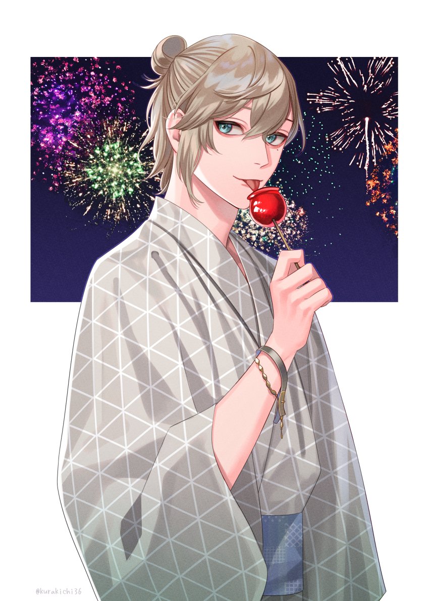 1boy male focus food japanese clothes kimono solo candy apple  illustration images