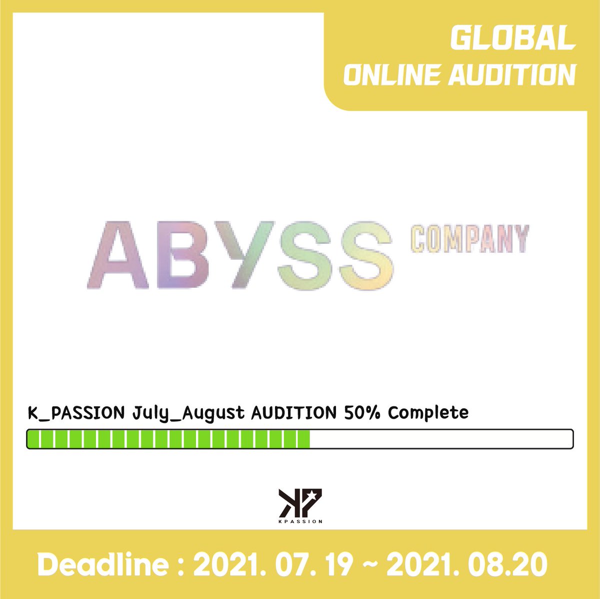 KPOPAUDITION1's tweet photo. [#KPASSION #AUDITION]
#Global #Kpopaudition
⏳ 50% by audition deadline
Abyss Company ent

Those who haven't participated yet, please hurry up and participate!
👉 https://t.co/L9dKdBZTsC

#Online #Audition 
#Idol #Abysscompany https://t.co/5sqlJyIEKM