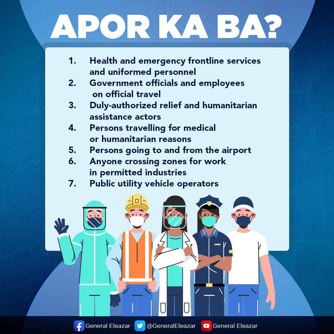 PCPTWINSTONORTE's tweet photo. Narito ang listahan ng Authorized Persons Outside Residence (APOR). Sila lamang ang papayagang lumabas habang ipinatutupad ang mas mahigpit na quarantine restrictions. Mag-ingat tayo at manatiling ligtas mula sa banta ng COVID-19. https://t.co/wO998SwGE2
