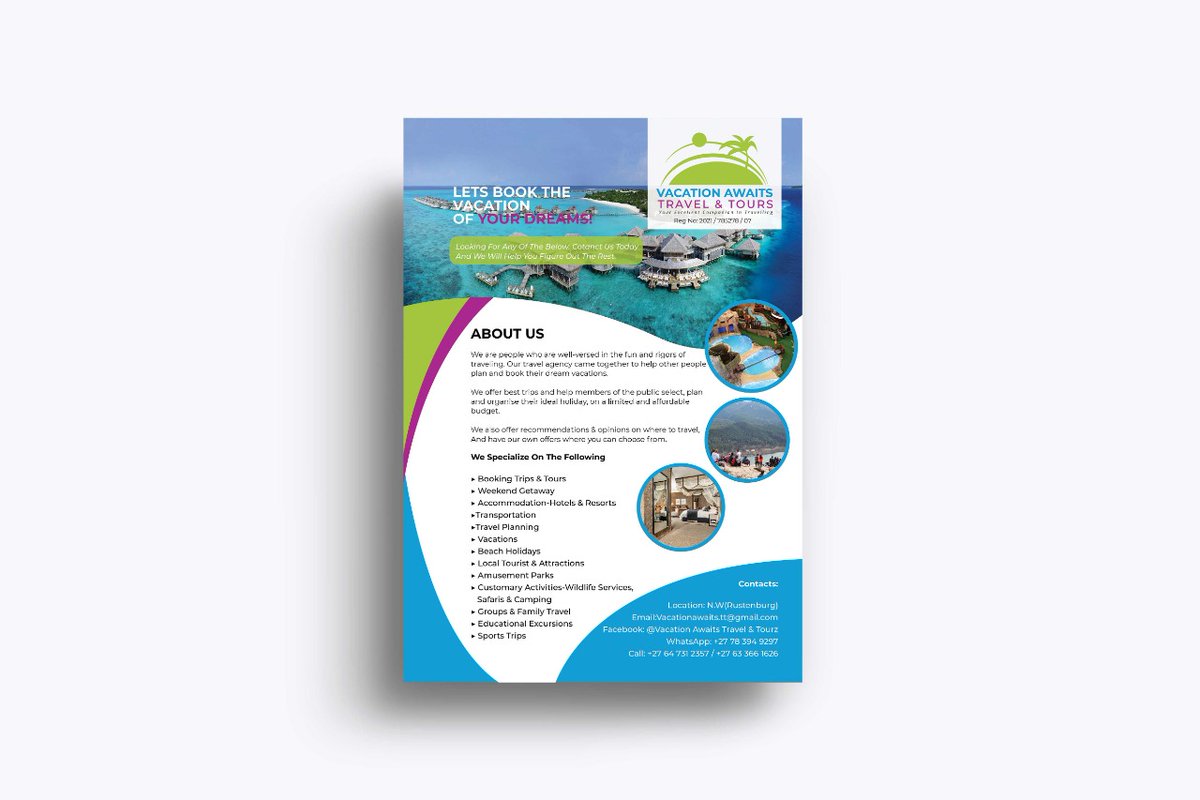 SpotOnDigitalZA's tweet photo. Flyer Design for Travel &amp; Tours Agency done by us

If you need yours contact us:
email: info@spotondigital.co.za
Call/WhatsApp: +27 78 071 8503

#flyerdesign #graphics #posterdesign #indesign https://t.co/xgTbRUsMjn