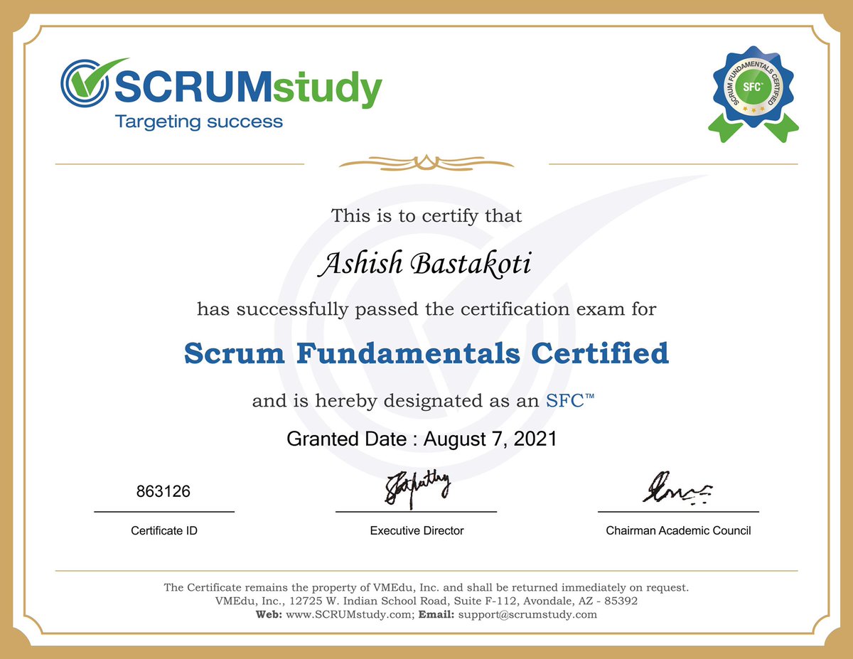 acisb007's tweet photo. Got SFC certified after 5 hours of webinar and clearing the exam afterwards. #scrum #scrumcertified https://t.co/4qM6jgytLi