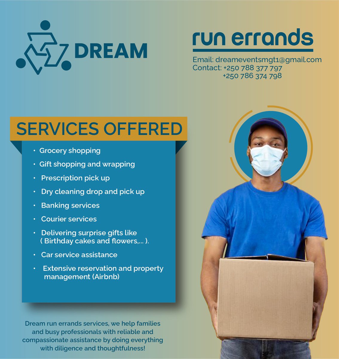DreamEventsMan1's tweet photo. Are you in the magnificent City of Kigali? Your errands don’t have to run you, let “Dream run errands” run them for you ✍🏽

Call us and we help you 📲 
#RwOT https://t.co/tO9ePSfgHN