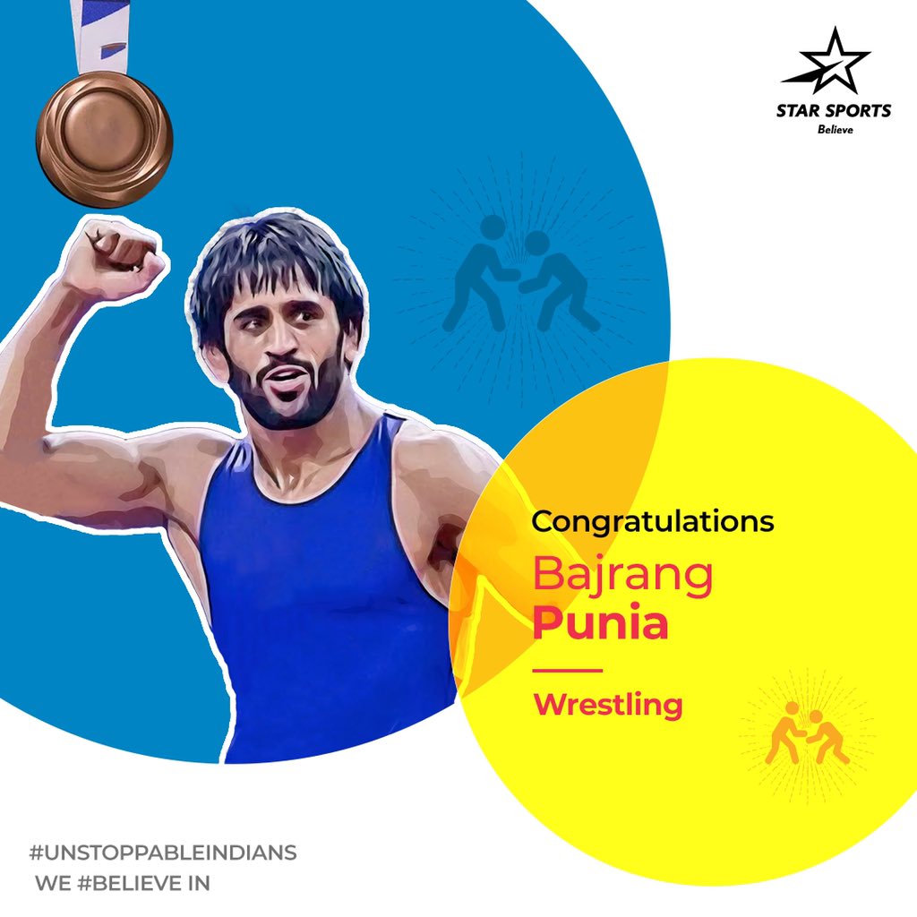 StarSportsIndia's tweet photo. Another medal added to #TeamIndia's tally - #BajrangPunia 𝐖𝐈𝐍𝐒 🥉 𝐈𝐍 𝐓𝐎𝐊𝐘𝐎! 🤩

Make some noise for the #Wrestling champ by replying with 👏👏.

#UnstoppableIndians | #Believe https://t.co/781CFBdRNR