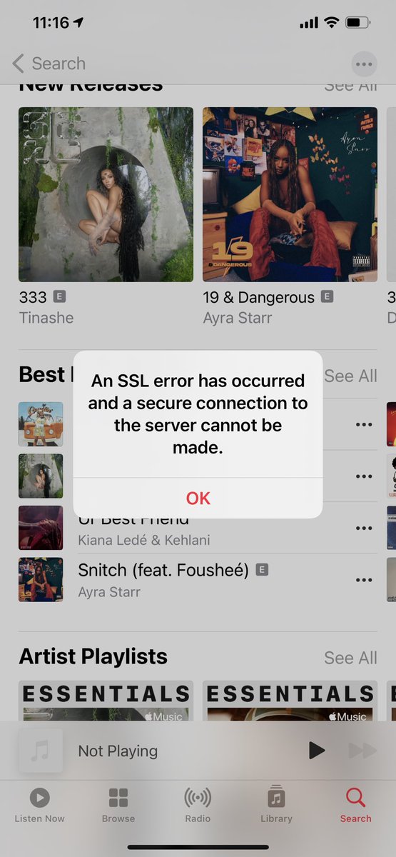 BeachSurfTan's tweet photo. @AppleSupport my iPhone won’t play my Apple Music and won’t download the new update. I this message on music app. https://t.co/XI8kY44U8a
