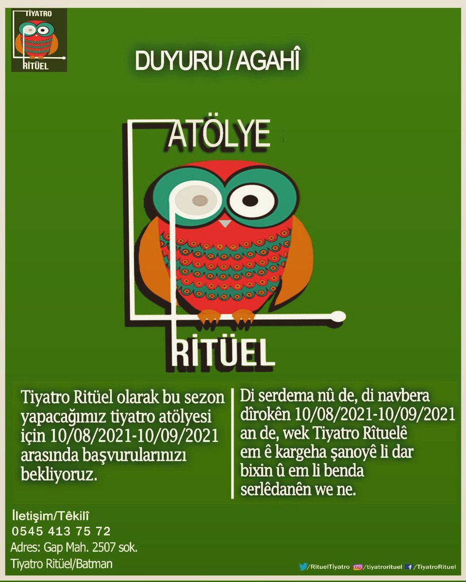 DUYURU 📣 
Tiyatro Ritüel olarak bu sezon yapacağımız tiyatro atölyesi için  başvurularınızı bekliyoruz.

AGAHÎ📣
Di serdema nû de wek Tiyatro Rîtuelê em ê kargeha şanoyê li dar bixin û em li benda serlêdanên we ne.

☎️iletişim/ Têkilî
05454137572

#atölye #şano #tiyatro #batman