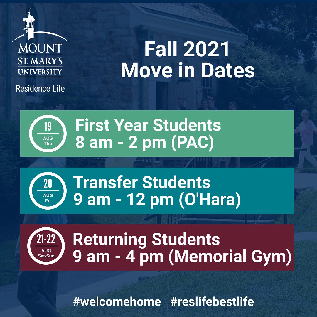 We look forward to welcoming everyone back on campus soon! First year and returning students will need to sign up for a move-in time slot. Email with link will be sent out next week. #welcomehome