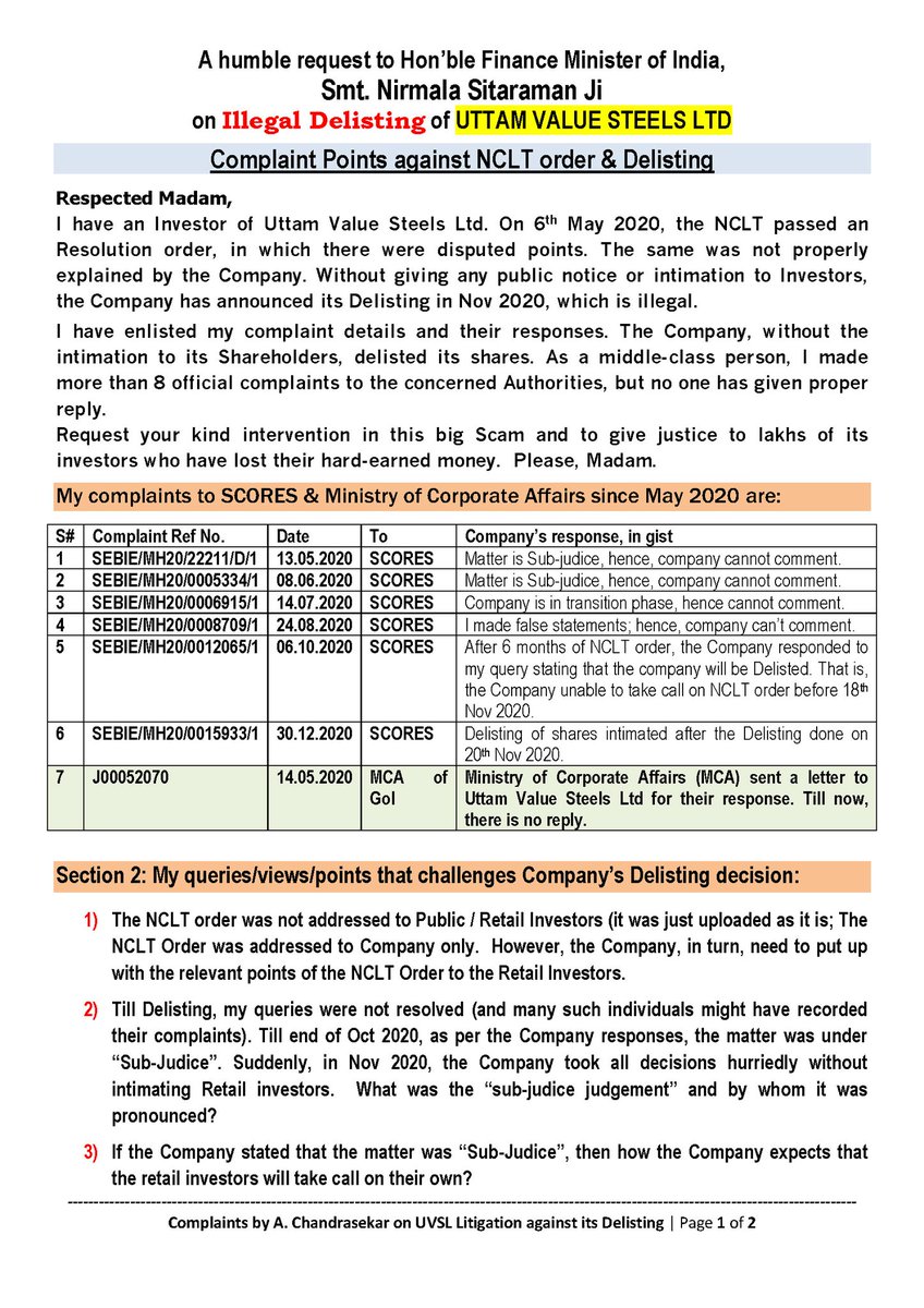UvslD's tweet photo. @nsitharaman @nsitharamanoffc @PMOIndia #scam

R/Madam Finance Minister, 
I raised "n" no. of complaints to scores &amp; MCA against Uttam Value Steels Ltd that fraudulently delisted shares of Retail shareholders. MCA responded in reply stating it ordered investigation. Pl look into. https://t.co/ZddIteV6Po