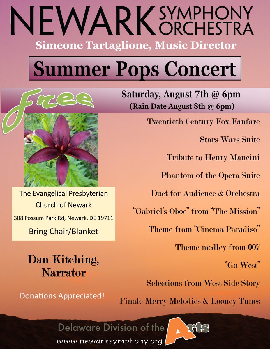 Rain date plans have been activated for NSO's Summer Pops Concert.  Now 6pm, August 8, 2021.
On the grounds of The Evangelical Presbyterian Church of Newark. Join us in a Duet for Audience &amp; Orchestra! Donations appreciated:newarksymphony.org
#pops #Newark #Delaware #Concert