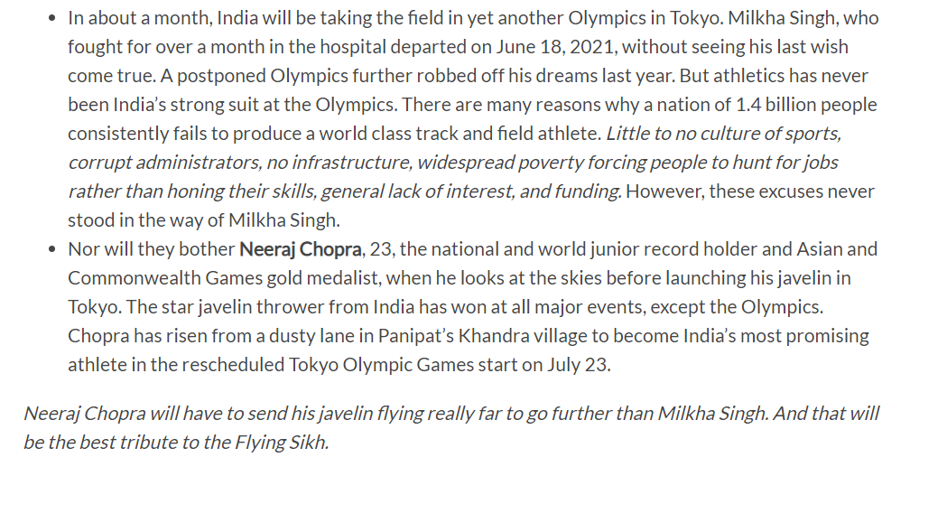 This is what we had predicted in our tribute knapp on #MilkhaSingh &amp; today #NeerajChopra did indeed send his javelin further than anyone else to clinch the historic Gold medal that is bound to launch a revolution that will make it an athletics powerhouse in the next 10 years.