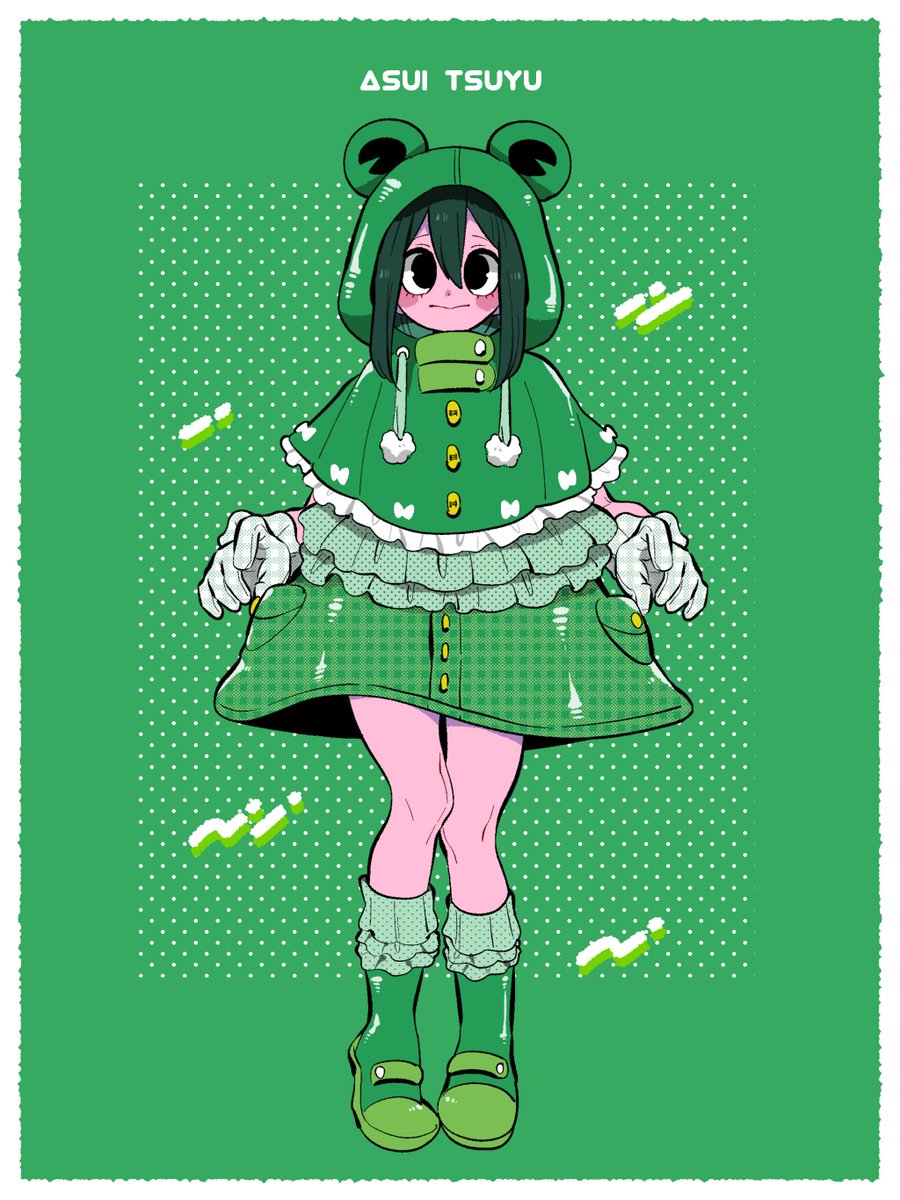 asui tsuyu 1girl green footwear solo gloves hood black eyes green background  illustration images