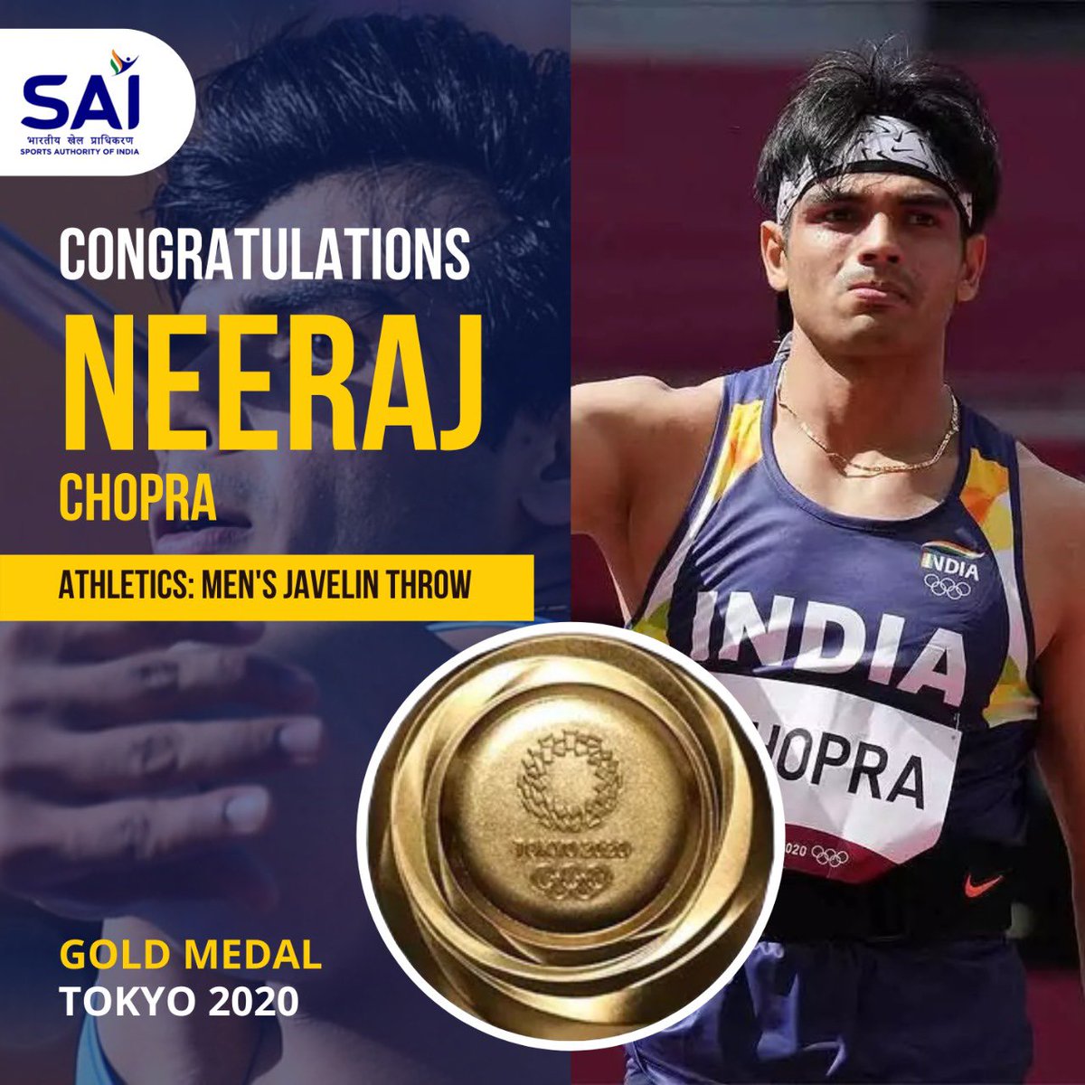 dpradhanbjp's tweet photo. Take a bow #NeerajChopra for striking #Gold at #Tokyo2020.

A first-ever in a track &amp; field event for India 🇮🇳 in the history of #Olympics , 23-year-old Neeraj’s golden debut at the ‘games of hope’ has made every Indian proud. I join the nation in congratulating him. #Cheer4India https://t.co/HPc9NamOAt