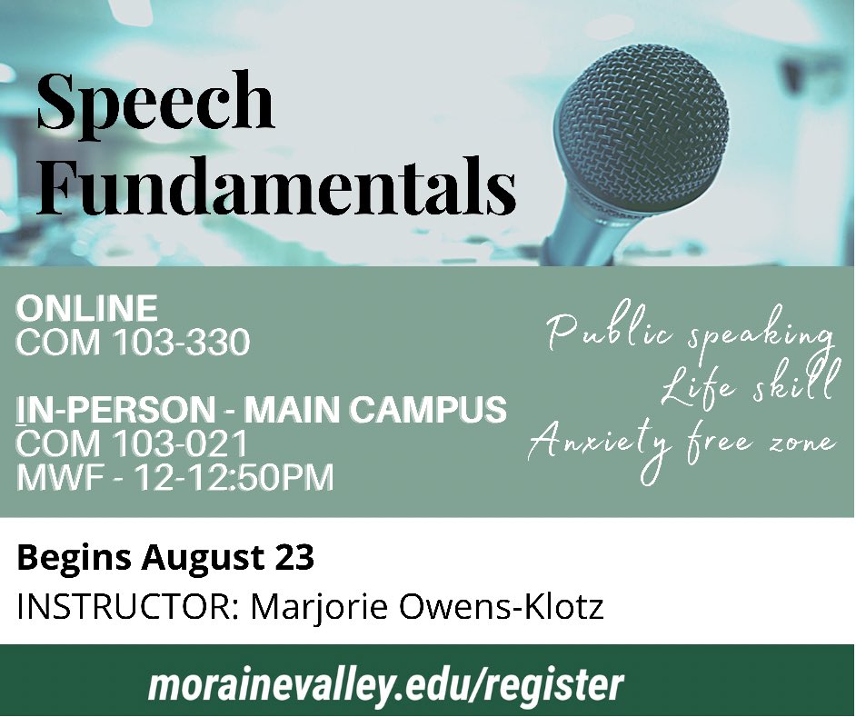 OwensMediaInc's tweet photo. 🗣 Speech Fundamentals at #MoraineValleyCommunityCollege. Online or in person. 😃 #SpeechClass #PublicSpeaking #SpeechFundamentals #FallSemester #LifeSkill #AnxietyFreeZone https://t.co/J51taudFfT