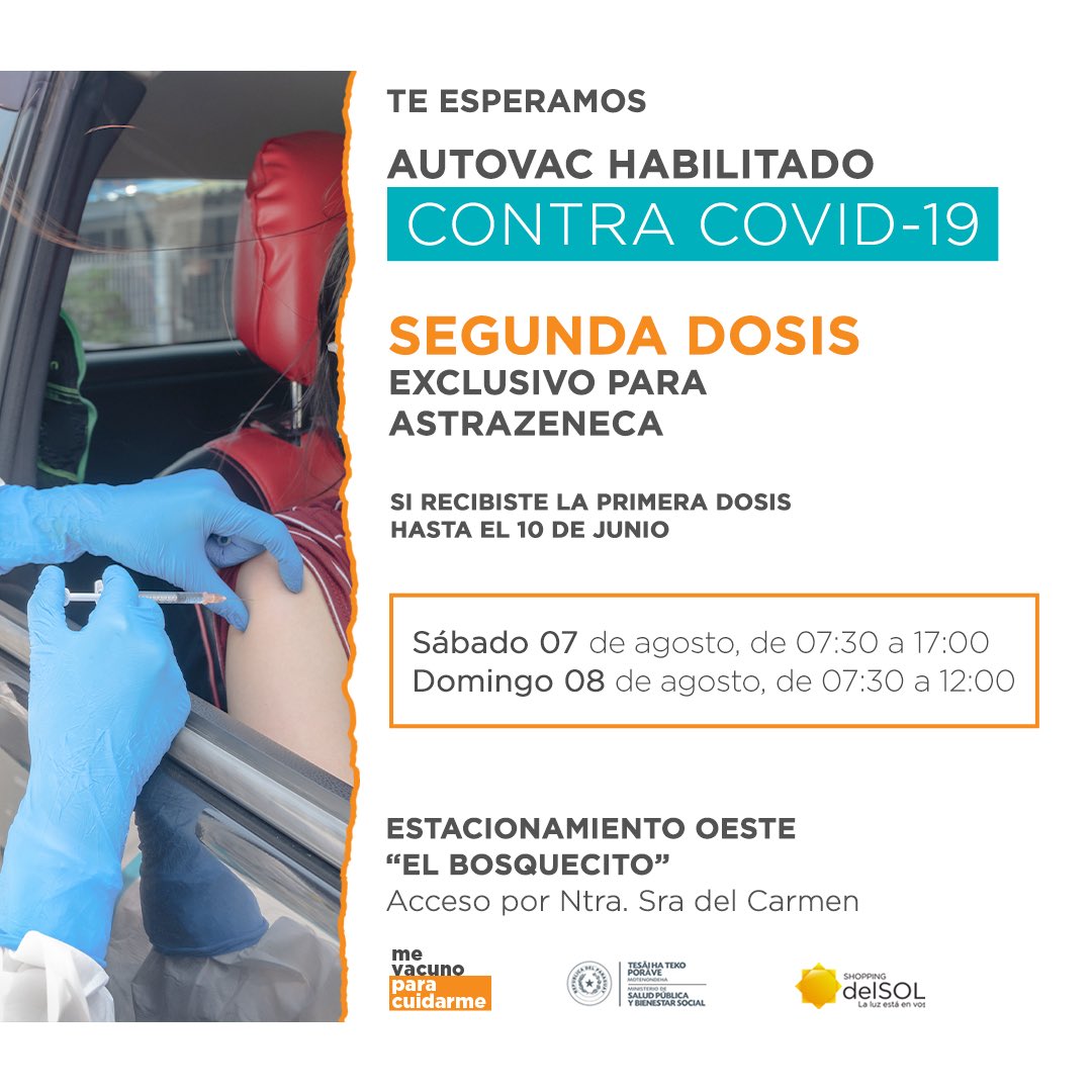 delsol_py's tweet image. Info Autovac 💉‼️
Hoy sábado 7 y mañana domingo 8 de agosto
👉🏻 Segunda dosis de AstraZeneca si recibiste la primera dosis hasta el 10 de junio.
📍Acceso por el estacionamiento Oeste (Bosquecito)
🕔 Sábado 07:30 a 17:00 hs.
🕛 Domingo 07:30 a 12:00 hs.
¡Te esperamos! ☀️