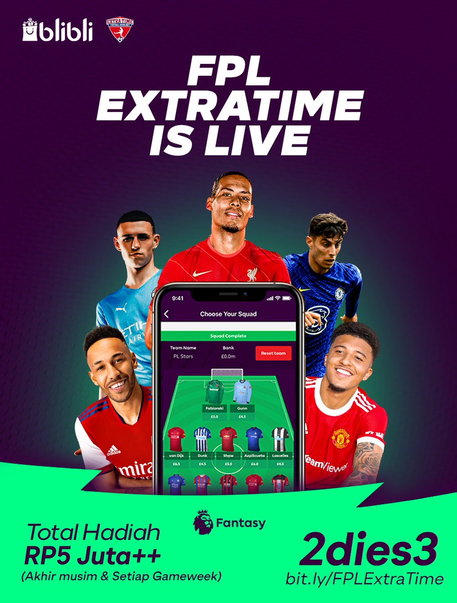 🚨 JOIN LIGA #FPLExtraTime! 🚨

Syarat Join:

1. Follow Twitter <a href="/bliblidotcom/">Blibli</a>

2. Follow Instagram @.idextratime

3. Isi Formulir Google Form: bit.ly/FormulirFPLET

4.  Retweet dan Like tweet ini

5.  Pemenang yang dipilih hanya yang sudah terdaftar di Formulir Google Form.