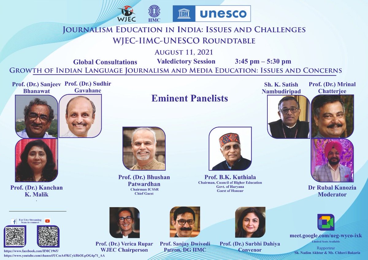 Surbhithescribe's tweet photo. Meet the guests and eminent panelists of Valedictory session of WJEC- IIMC- UNESCO Roundtable https://t.co/rD0ZMZNXRZ