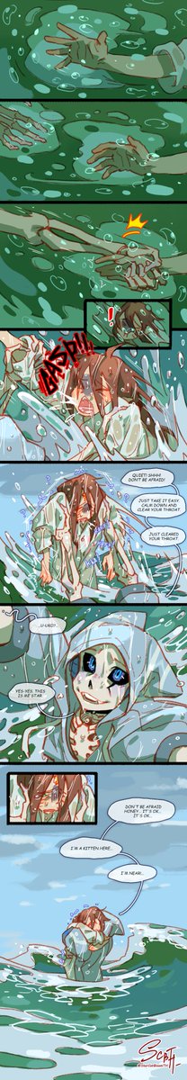 Well, I ended up drawing this comic. I tried to portray the real events of that day (how I almost got carried away by the current). Well... I tried very hard to convey that.😌🌊💦
Obviously there are small differences: characters and text.😅💙💚🌟>> https://t.co/Xn3IhaPZkQ 