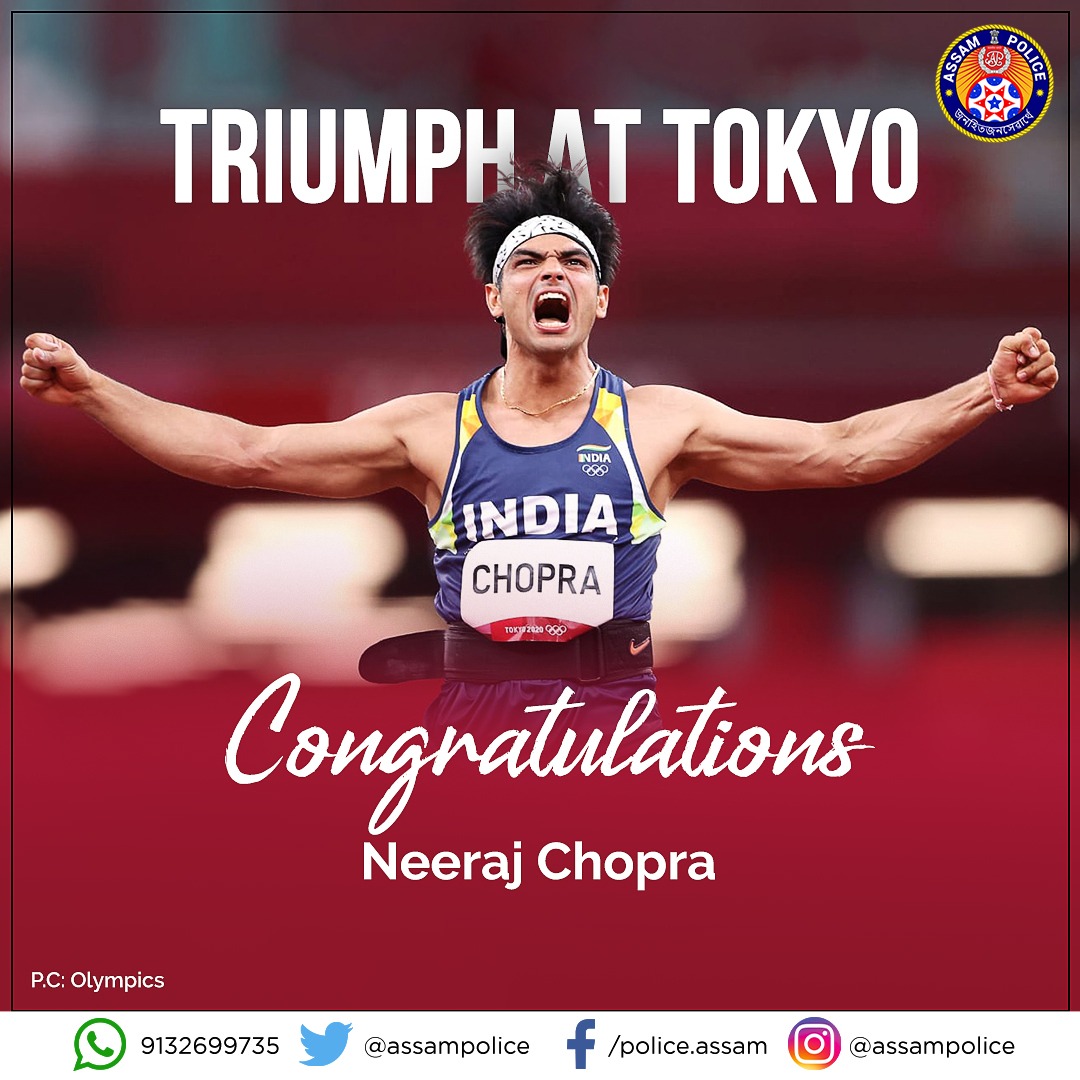 assampolice's tweet photo. It's a GOLD! 

Historic day for India at the #Olympics. 

Well done @Neeraj_chopra1, you have made the entire country proud. 

Take a bow! 

#IndiaAtOlympics https://t.co/Klb170usfk