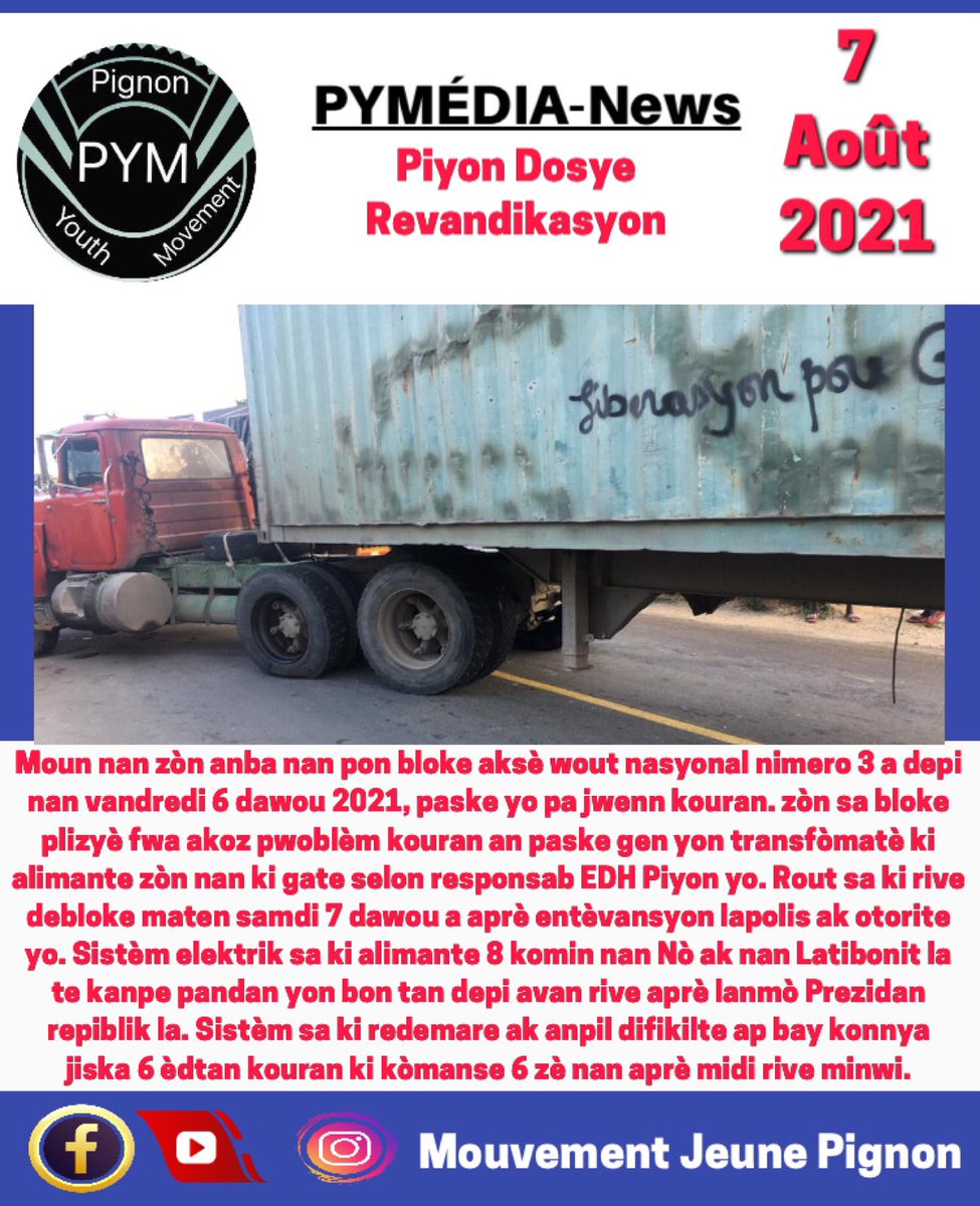 Pymediapignon's tweet photo. Moun nan zòn anba nan pon bloke aksè wout nasyonal nimero 3 a, paske yo pa jwenn kouran….
#PYMÉDIA 
Piyon revandikasyon https://t.co/XMKBDrsA8P
