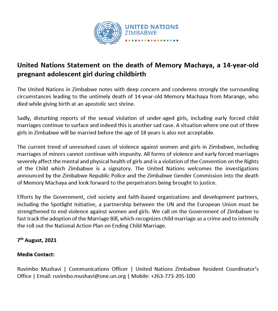 UNZimbabwe's tweet photo. .@UNZimbabwe notes with deep concern and condemns strongly the surrounding circumstances leading to the untimely death of 14-year-old Memory Machaya from Marange, who died while giving birth at an apostolic sect shrine.

Read the full statement here 👇#EndChildMarriages https://t.co/Z9tkIc6PQ0