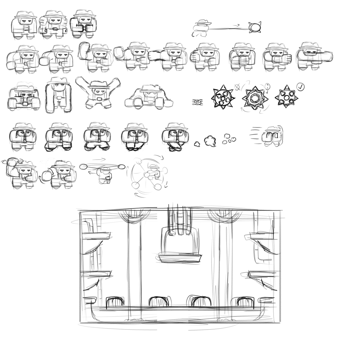 I'm making the first boss for my game. Wasn't sure what he would do, so I made a sketch for the boss and his room. 🎨🏗️

It will take a wile until I get enough content for a #devlog video, so I'll be posting just images. #indiedev #indiegame #gamedev #art