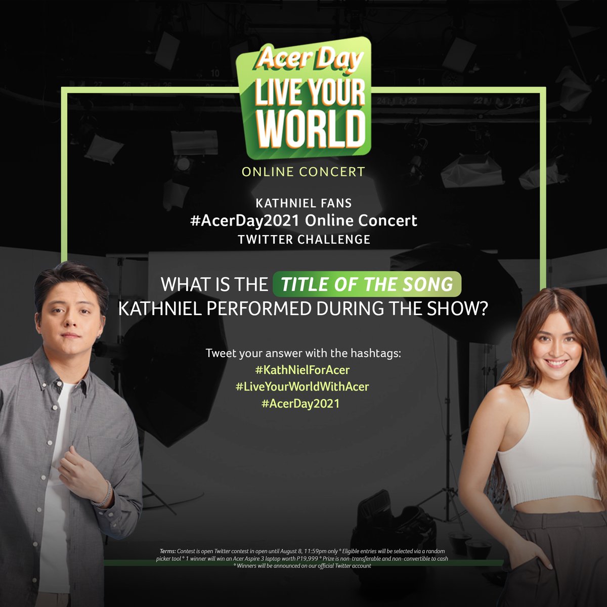 AcerPhils's tweet photo. #AcerDay2021 Twitter Contest Alert! This round goes out to all the KathNiel fans. RT and join the challenge for a chance to win a brand new Acer laptop. #KathNielForAcer #LiveYourWorldWithAcer https://t.co/udLOjxSUh1