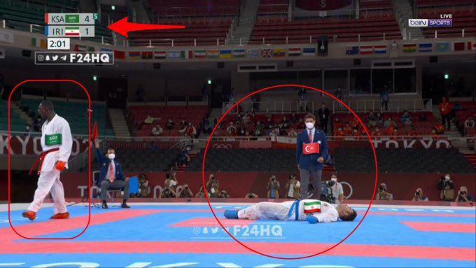 تم سلب الذهبية من اللاعب السعودي لصالح الايراني عن طريق الحكم التركي بسبب (ادعاءه بالاغماء) ماحدث للاعب السعودي طارق حمدي يضع ألف علامة استفهام ! 

#طوكيو2020