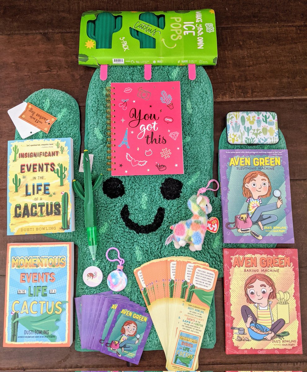 Ok, everyone! This Aven Green ultimate #giveaway is even more fun than the last! RT/F to win 4 signed books, 🌵rug, pen, notebook, 🦙stuffy, 🌵card holder, 🦙PopSocket, 🌵 popsicle molds, &amp; stickers &amp; bookmarks for your class! Ends 8/16, the day before BAKING MACHINE releases 💛